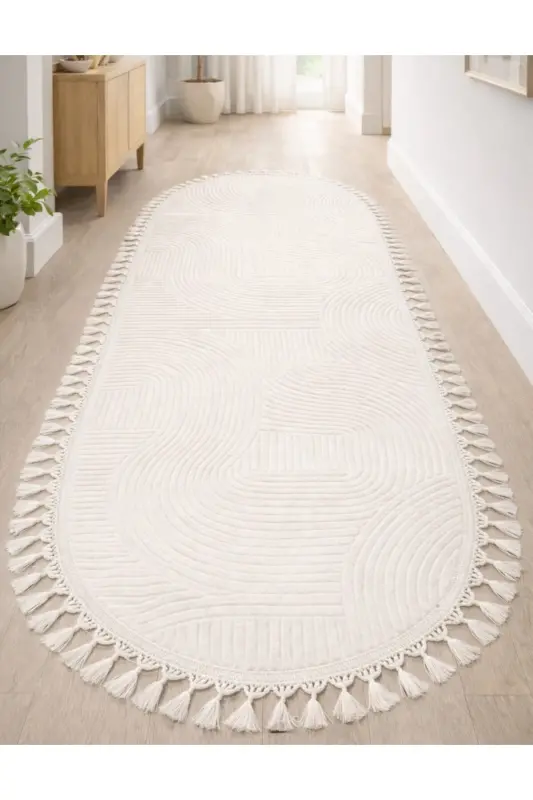 Rölyef Oval Örgü Saçaklı Joy Krem Kaymaz Taban Yıkanabilir Salon Koridor Halısı Yolluk-A.Ekru - 1