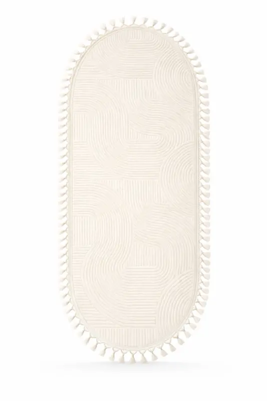 Rölyef Oval Örgü Saçaklı Joy Krem Kaymaz Taban Yıkanabilir Salon Koridor Halısı Yolluk-A.Ekru - 2