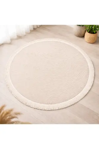 Rölyef Yuvarlak Düz Saçaklı Joy Krem Kaymaz Taban Halı Yolluk-Eekru1 - 1