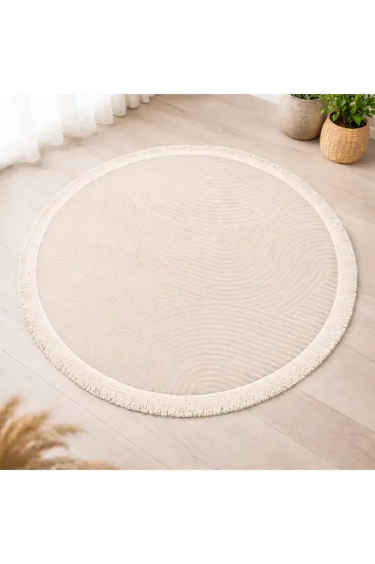 Rölyef Yuvarlak Düz Saçaklı Joy Krem Kaymaz Taban Halı Yolluk-Eekru1 - MERINOS