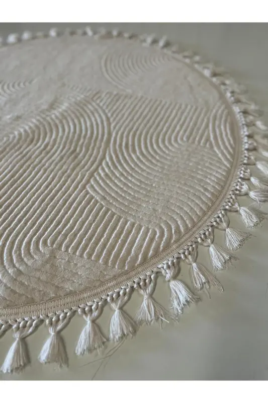 Rölyef Yuvarlak Örgü Saçaklı Joy Krem Kaymaz Taban Halı Yolluk-Ekru - 1