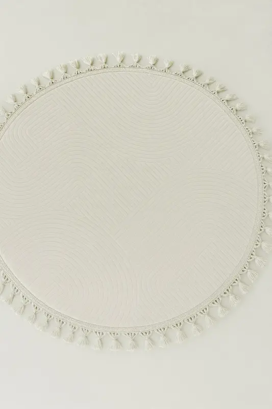 Rölyef Yuvarlak Örgü Saçaklı Joy Krem Kaymaz Taban Halı Yolluk-Ekru - 2