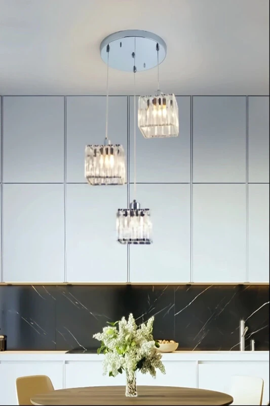 Roma Model Kvadrat Xrom Toshli Estetik Dekorativ Zali Oshxona Yotoq Xonasi Xoll Kirish Uchta Oshgan Avize - LUNA LIGHTING