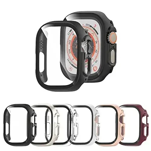Rontion 6 Pack Hard PC Case Apple Watch Ultra 3/Ultra 2/Ultra 49mm bilan mos keladi, HD temperlangan shisha ekran himoyachisi, iWatch 49mm uchun sensorli to'liq qamrovli himoya bamperi qopqog'i 