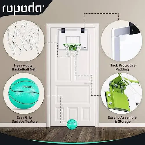 ropoda Mini Basketball Hoop - Glow in The Dark, Over The Door Basketball Hoop Indoor, Indoor Basketball Hoop Backboards for Teens and Adults, Mini Hoop for Kids with 4 Balls and Pump - 5