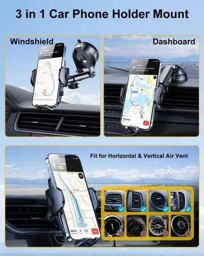 Rorhxia 3-in-1 Phone Mount for Car [2025 Most Stable and Flexible Suction Cup] Vent Dashboard Windshield Cell Phone Holder Car Fit for iPhone, Samsung, All Phone - 6