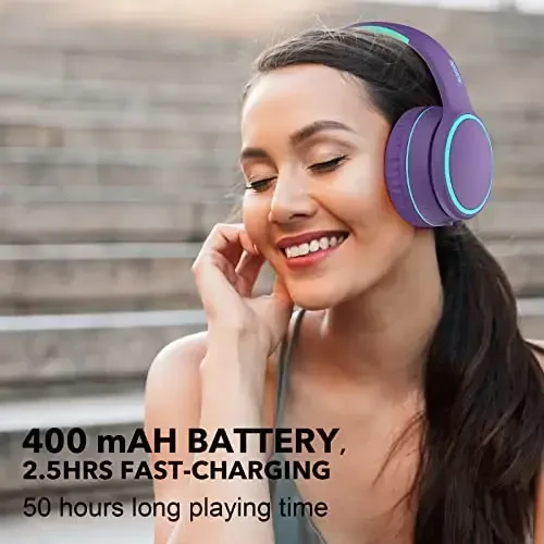 RORSOU B10 Bluetooth Headphones Over Ear, 2 EQ Music Modes(Normal/Bass) and 50H Playtime Wireless Headphones with Mic, Lightweight Folding HiFi Stereo Headset for iPad/Travel/Tablet/PC/Home (Purple) - 4