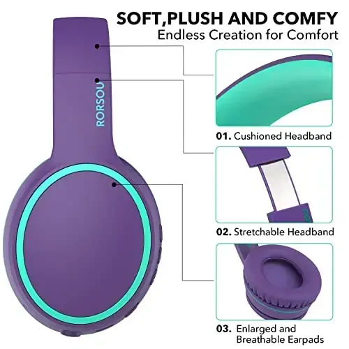 RORSOU B10 Bluetooth Quloqchinlar Quloq ustida, 2 EQ Musiqa Rejimi(Normal/Bass) va 50 Soat O'yin Vaqti Mikrofonli Simsiz Quloqchinlar, iPad/Sayohat/Planshet/Kompyuter/Uy uchun Yengil Buklanadigan HiFi Stereo Garnitura (Binafsha) - 3