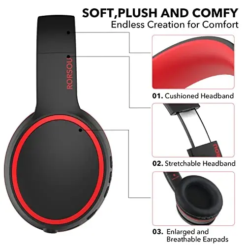 RORSOU B10 Bluetooth Quloqchinlar Quloq Ustida, 2 EQ Musiqa Rejimi(Normal/Bass) va 50H Oʻyin Vaqti Simsiz Mikrofonli Quloqchinlar, iPad/Sayohat/Planshet/Kompyuter/Uy uchun Yengil Buklanadigan HiFi Stereo Garnitura (Qora) - 3