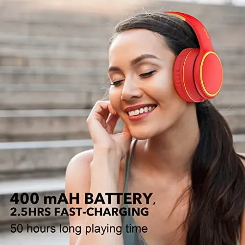 RORSOU B10 Wireless Bluetooth Over-Ear Headphones, Lightweight Folding Stereo Bass Headset with Mic, 50H Playtime, Volume Control, Bluetooth 5.3 Headphones for iPad/Travel/Tablet/PC (Red) - 4