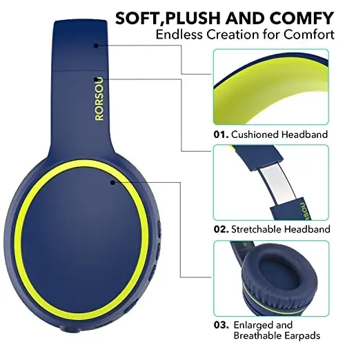 RORSOU B10 Wireless Bluetooth Over-Ear Headphones, Lightweight Folding Stereo Bass Headset with Mic, 50H Playtime, Volume Control, Bluetooth 5.3 Headphones for iPad/Travel/Tablet/PC (Blue) - 3