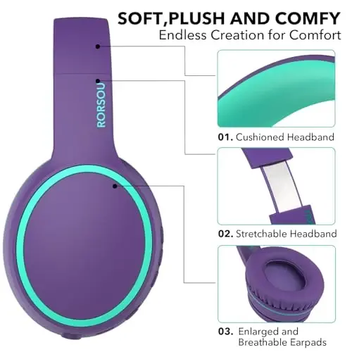 RORSOU B10 Bluetooth Headphones Over Ear, 2 EQ Music Modes(Normal/Bass) and 50H Playtime Wireless Headphones with Mic, Lightweight Folding HiFi Stereo Headset for iPad/Travel/Tablet/PC/Home (Purple) - 1