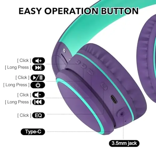 RORSOU B10 Bluetooth Headphones Over Ear, 2 EQ Music Modes(Normal/Bass) and 50H Playtime Wireless Headphones with Mic, Lightweight Folding HiFi Stereo Headset for iPad/Travel/Tablet/PC/Home (Purple) - 5