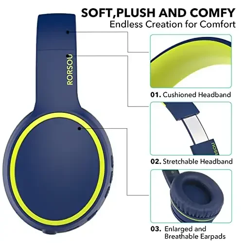 RORSOU B10 simsiz Bluetooth quloqchinlari, mikrofonli yengil buklanadigan stereo bass garniturasi, 50 soatlik oʻyin vaqti, ovoz balandligini boshqarish, iPad/sayohat/planshet/kompyuter uchun Bluetooth 5.3 quloqchinlari (koʻk) - 3