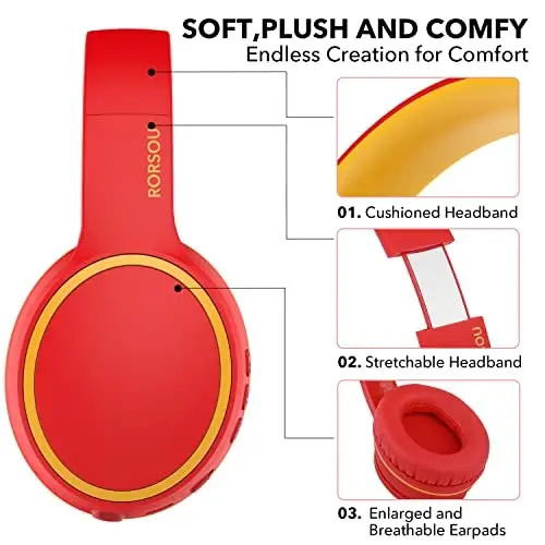 RORSOU B10 Wireless Bluetooth Over-Ear Headphones, Lightweight Folding Stereo Bass Headset with Mic, 50H Playtime, Volume Control, Bluetooth 5.3 Headphones for iPad/Travel/Tablet/PC (Red) - 3