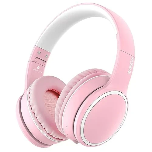 RORSOU B10 Wireless Headphones On-Ear, Lightweight Folding Deep Bass Bluetooth Headset with Mic, 50H Playtime, Volume Control, Bluetooth 5.3 Headphones for iPad/Travel/Tablet/PC (Pink) - RORSOU