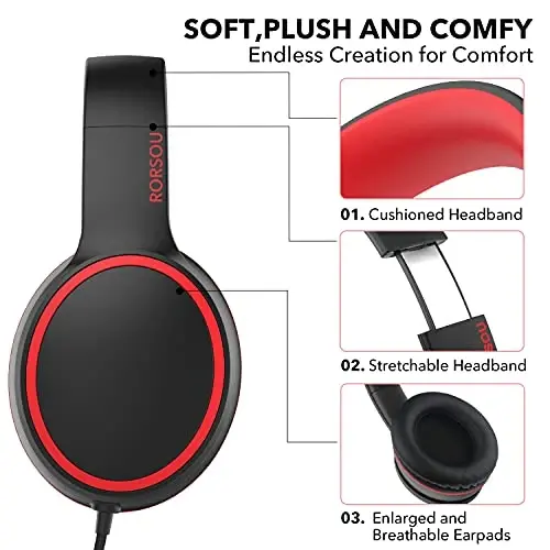 RORSOU R10 Over-Ear Headphones with Microphone, Lightweight Folding Stereo Bass Headset with 1.5M No-Tangle Cord, Portable Wired Headphones for Smartphone Tablet Computer MP3 / 4 (Black) - 4