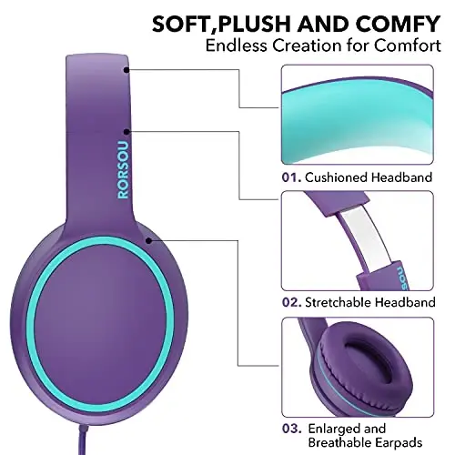 RORSOU R10 Over-Ear Headphones with Microphone, Lightweight Folding Stereo Bass Headset with 1.5M No-Tangle Cord, Portable Wired Headphones for Smartphone Tablet Computer MP3 / 4 (Purple) - 4
