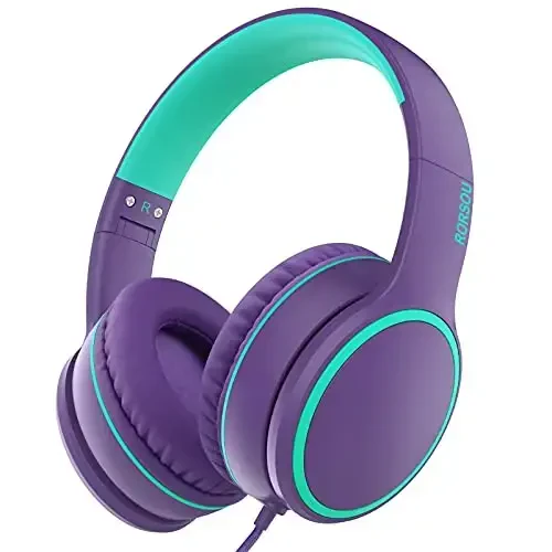RORSOU R10 Over-Ear Headphones with Microphone, Lightweight Folding Stereo Bass Headset with 1.5M No-Tangle Cord, Portable Wired Headphones for Smartphone Tablet Computer MP3 / 4 (Purple) - 1