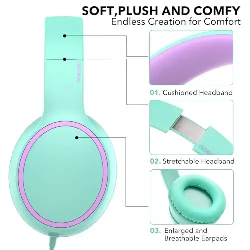 RORSOU R10 Over-Ear Headphones with Microphone Lightweight Folding Stereo Bass Headset with 1.5M No-Tangle Cord Portable Wired Headphones for Smartphone Tablet Computer Green 