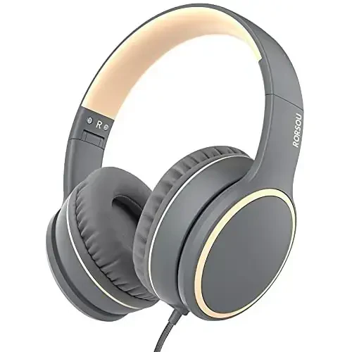 RORSOU R10 Over-Ear Headphones with Microphone, Lightweight Folding Stereo Bass Headset with 1.5M No-Tangle Cord, Portable Wired Headphones for Smartphone Tablet Computer MP3 / 4 (Grey) - 1