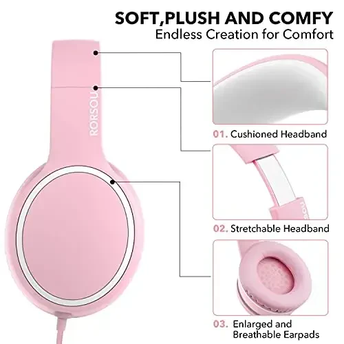 RORSOU R10 Over-Ear Headphones with Microphone, Lightweight Folding Stereo Bass Headset with 1.5M No-Tangle Cord, Portable Wired Headphones for Smartphone Tablet Computer MP3 / 4 (Pink) - 1