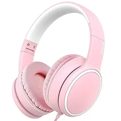 RORSOU R10 Over-Ear Headphones with Microphone, Lightweight Folding Stereo Bass Headset with 1.5M No-Tangle Cord, Portable Wired Headphones for Smartphone Tablet Computer MP3 / 4 (Pink) - 4