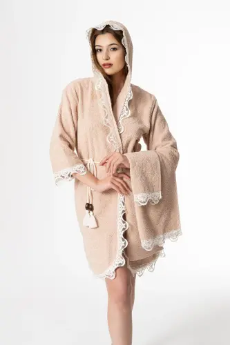 Rosa Gelin Bornoz Set 5 Parça Dantelli Çeyizlik Takım - Bej - 1