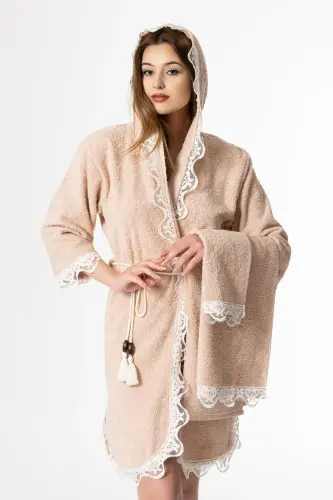 Rosa Gelin Bornoz Set 5 Parça Dantelli Çeyizlik Takım - Bej - 3