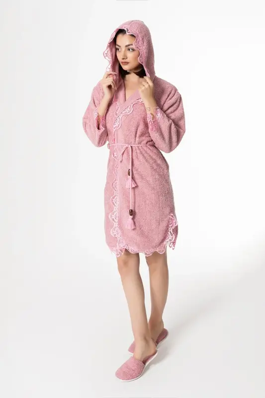 Rosa Gelin Bornoz Set 5 Parça Dantelli Çeyizlik Takım-Pembe - 1