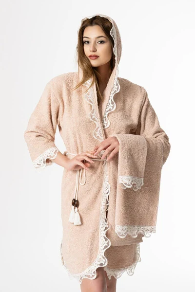 Rosa Gelin Bornoz Set 5 Parça Dantelli Çeyizlik Takım-Bej - Modazone (1)