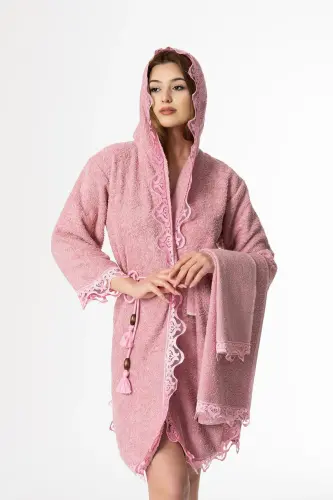 Rosa Gelin Bornoz Seti 5 Parça Dantelli Çeyizlik Takım-Pembe - ENDER HOME (1)