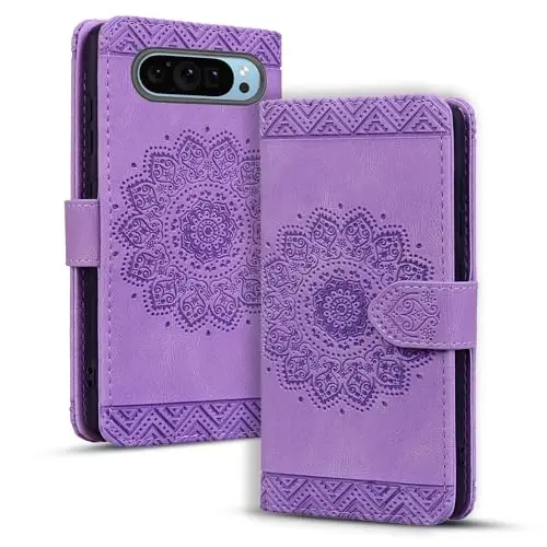 Rosbtib Flip Case for Google Pixel 9 Pro XL, Durable PU Leather Wallet Case with Card Holder Protective Cover for Pixel 9 Pro XL - Mandala Purple - 1