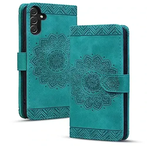 Rosbtib Flip Case for Samsung Galaxy S25 / Galaxy S24, Durable PU Leather Wallet Case with Card Holder Protective Cover for Galaxy S25 / S24 - Mandala Green - ROSBTIB