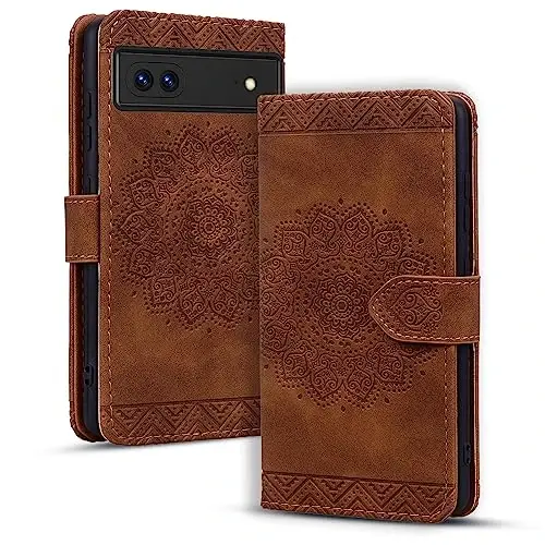 Rosbtib Google Pixel 8 uchun Flip Case, karta ushlagichi bilan bardoshli PU teri hamyon g'ilofi Pixel 8 uchun himoya qopqog'i - Mandala Brown - ROSBTIB