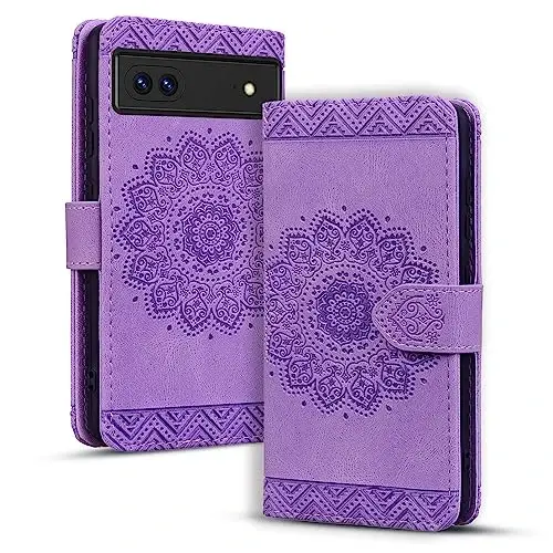 Rosbtib Google Pixel 8 uchun Flip Case, Pixel 8 uchun kartalar ushlagichi himoya qopqog'i bilan bardoshli PU teri hamyon g'ilofi - Mandala binafsha 