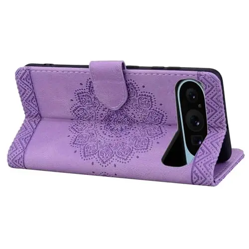Rosbtib Google Pixel 9 Pro XL uchun Flip Case, Pixel 9 Pro XL uchun karta ushlagichli himoya qopqog'i bilan bardoshli PU teri hamyon g'ilofi - Mandala Purple - 3