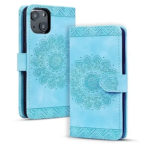 Rosbtib iPhone 15 6.1 dyuym uchun Flip Case, Vintage Premium PU Charm Hamyon Telefon Qutisi Mandala Naqshli Dizaynli iPhone 15 6.1