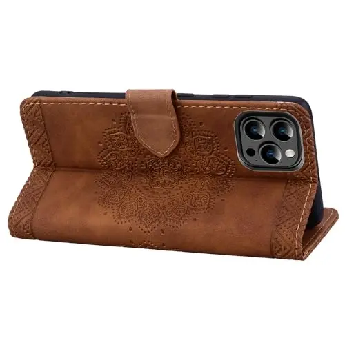 Rosbtib iPhone 15 Pro 6.1 dyuymli g'ilofi uchun Flip Case, Vintage Premium PU Charm Hamyon Telefon Qutisi Mandala Emboslangan Dizayn Qutisi iPhone 15 Pro 6.1