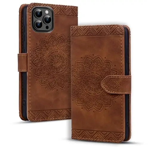 Rosbtib iPhone 15 Pro 6.1 dyuymli g'ilofi uchun Flip Case, Vintage Premium PU Charm Hamyon Telefon Qutisi Mandala Emboslangan Dizayn Qutisi iPhone 15 Pro 6.1