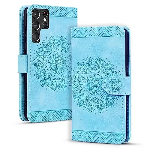 Rosbtib Samsung Galaxy S23 Ultra 6.8 dyuymli qopqoq uchun Flip Case, bardoshli PU Charm zarbga chidamli magnit qisqichli hamyon telefon qopqog'i Galaxy S23 Ultra uchun - Mandala Moviy 