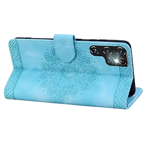 Rosbtib Samsung Galaxy S23 Ultra 6.8 dyuymli qopqoq uchun flip g‘ilofi, bardoshli PU teri Magnit qisqichli hamyonli telefon qopqog‘i Galaxy S23 Ultra uchun - Mandala ko‘k - 3