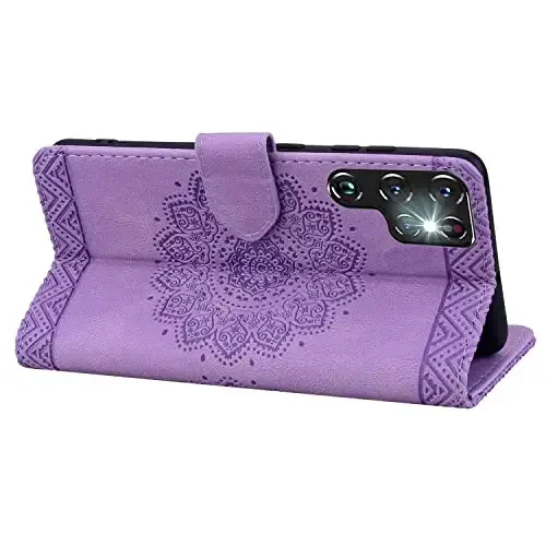 Rosbtib Samsung Galaxy S24 Ultra uchun Flip Case, Galaxy S24 Ultra uchun karta ushlagichli himoya qopqog'i bilan bardoshli PU teri hamyon g'ilofi - Mandala Purple - 3
