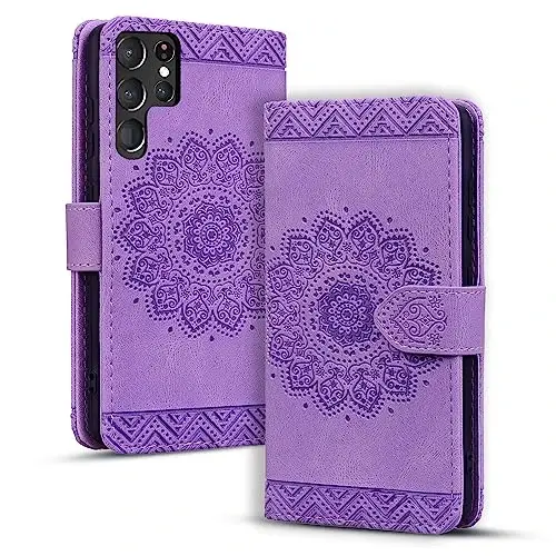 Rosbtib Samsung Galaxy S24 Ultra uchun Flip Case, Galaxy S24 Ultra uchun karta ushlagichli himoya qopqog'i bilan bardoshli PU teri hamyon g'ilofi - Mandala Purple 