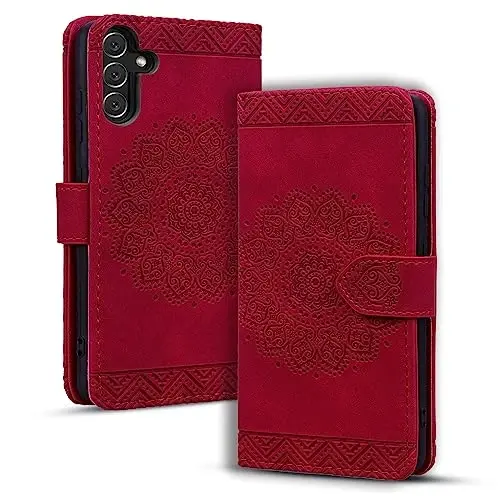 Rosbtib Samsung Galaxy S25+ Plus / S24+ Plus uchun flip-chexol, karta ushlagichi bilan bardoshli PU teri hamyonli chexol Galaxy S25+ uchun himoya qopqog'i - Mandala Red - ROSBTIB