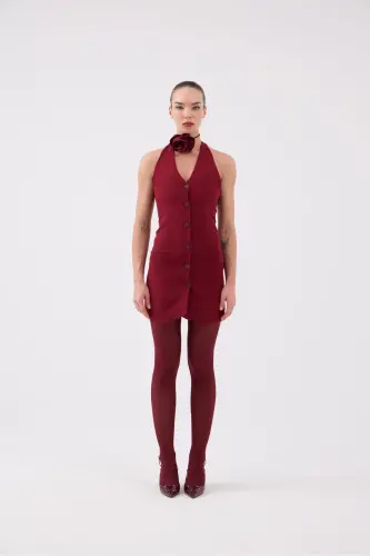 Rose Accessory Halter Neck Buttoned Mini Becca Dress - 12