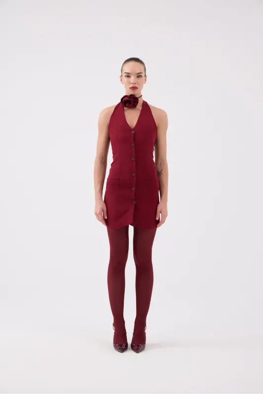 Rose Accessory Halter Neck Buttoned Mini Becca Dress - 2