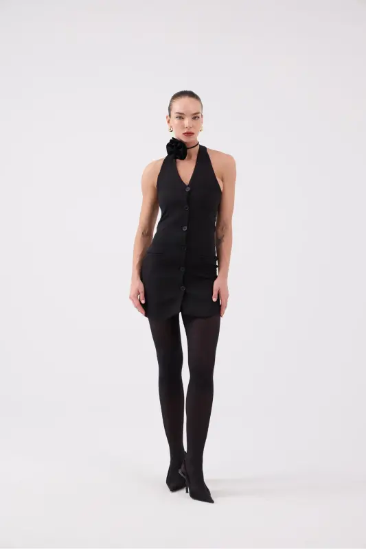 Rose Applique Halter Neck Buttoned Mini Becca Dress Black - 7