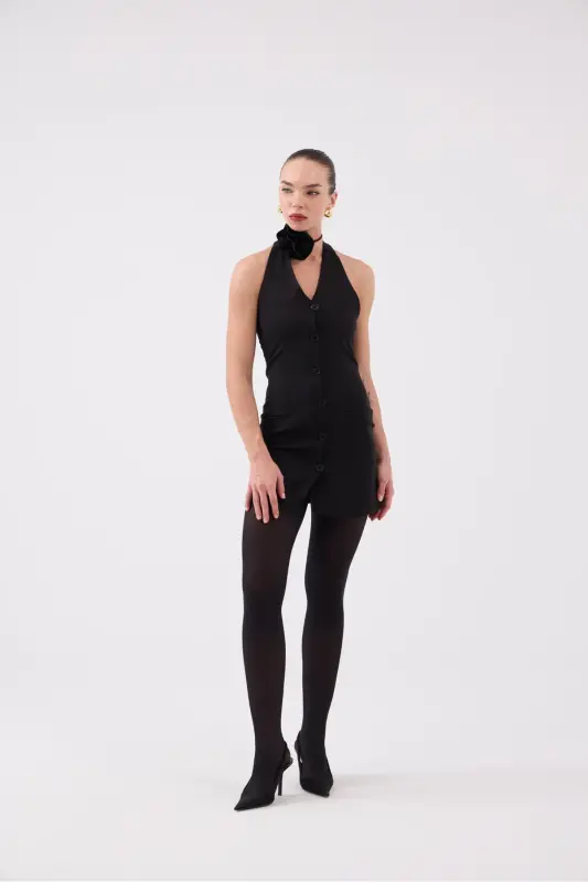 Rose Applique Halter Neck Buttoned Mini Becca Dress Black - 4