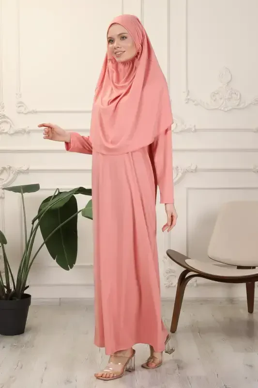 Rose Ash One Piece Easy-to-Wear Self-Hijab Prayer Dress-Rose Ash - 1